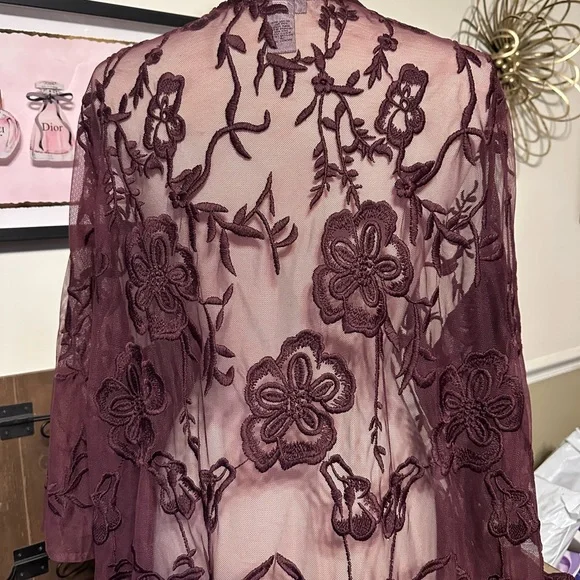 Catherines Rich Purple/ Maroon Sheer Lace kimono cardigan - Picture 2 of 10